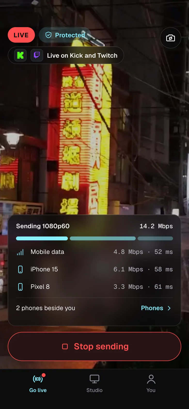 The Lumbus Live app on air: Protected, sending over its own mobile connection and two phones beside you.