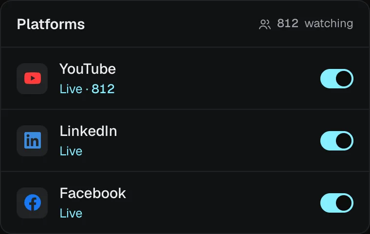 The Platforms card: YouTube, LinkedIn and Facebook live, each with its own switch.