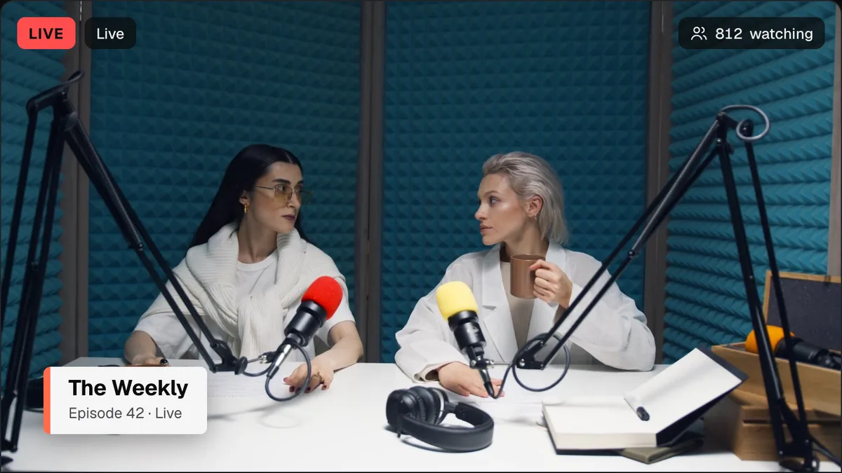 The programme on air: a two-person podcast with its lower third.