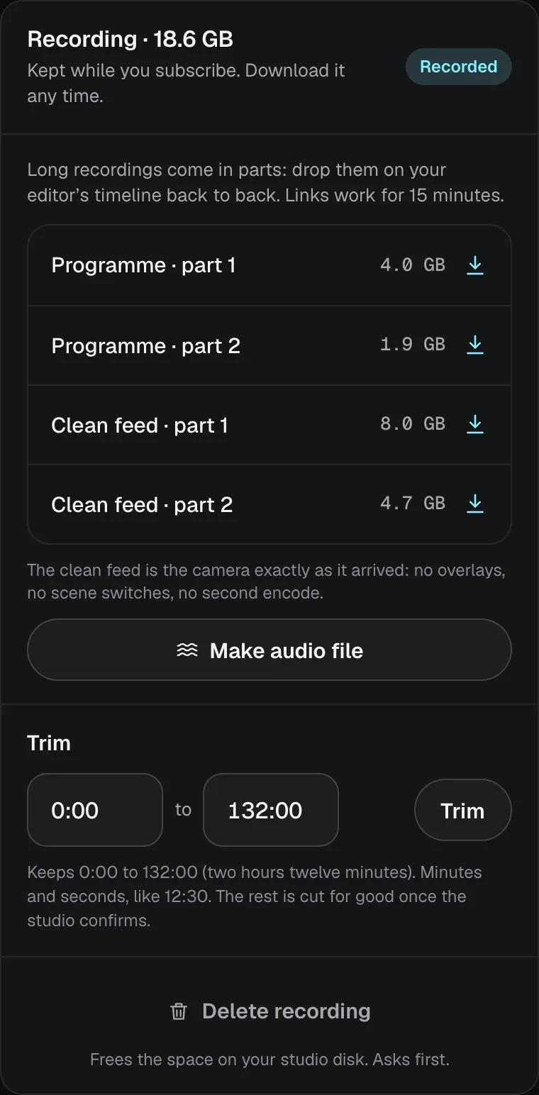 A past stream’s recording: the programme and the clean feed in parts to download, Make audio file and Trim.